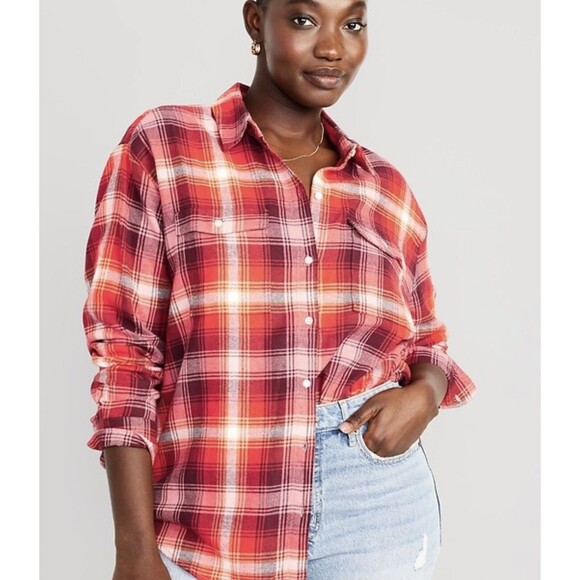 NWT Women's Old Navy Multi Red Plaid Flannel Loose Boyfriend Tunic Shirt XL - Picture 3 of 7